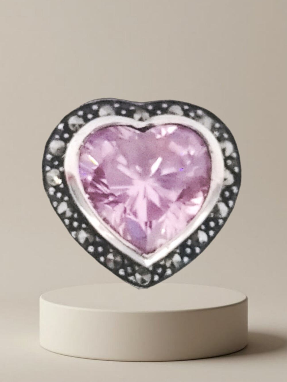 Sterling Silver Marcasite Heart Ring w/ Pink CZ Size 5.5